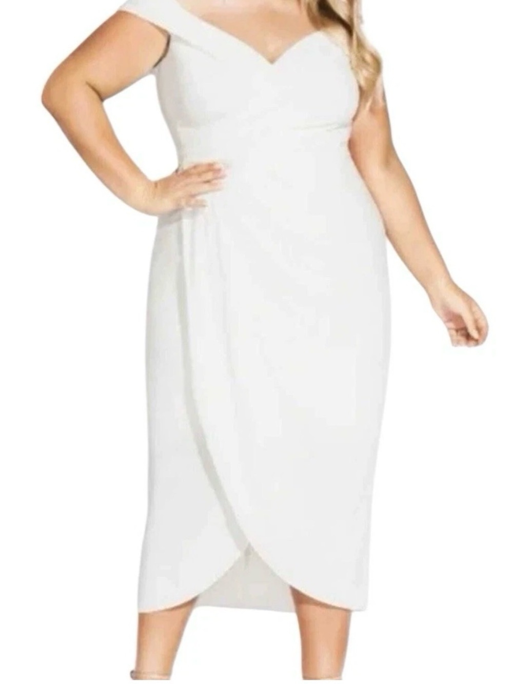 City Chic Off-Shoulder White Midi Wrap Dress